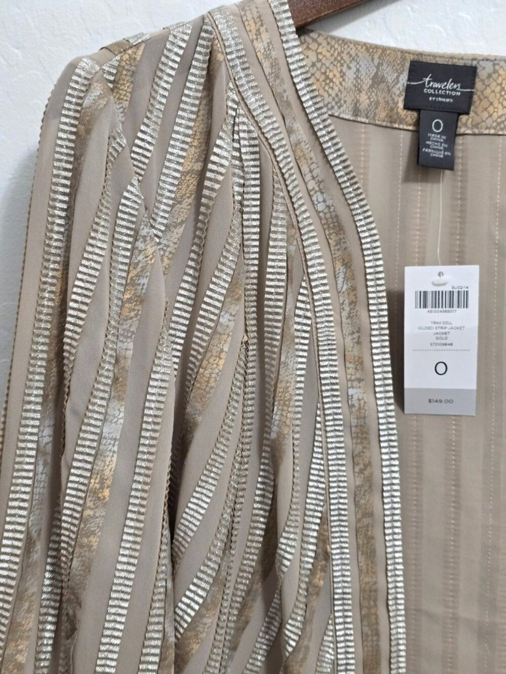 NWT Chicos Travelers Collection Size 0 Gold Gilded Stripe Jacket Open-Front - Picture 2 of 10